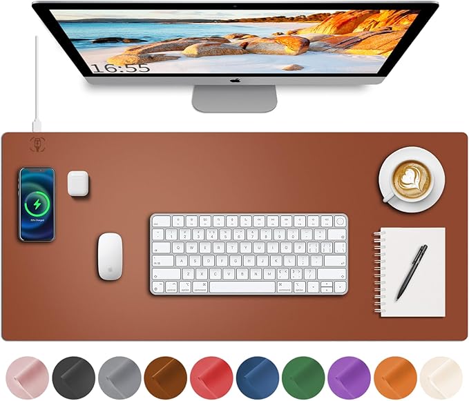 Desk Mat with Wireless Charging, Brown Mouse Pad with Wireless Charger, Desk Pad Matt for Desktop, Mousepad Gaming Large Mouse Pad, Leather Compute for Keyboard and Mouse, 32" x 16"