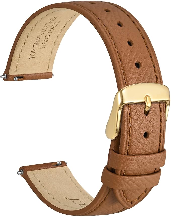 WOCCI 13mm Grace Leather Watch Band for Ladies, Top Grain Leather, Quick Release Replacement Strap with Gold Buckle (Brown)