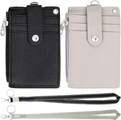 HASFINE 2 Pack ID Badge Holder with Lanyard,2 Sided 5 Card Slots ID Card Holder Wallet with PU Leather Zipper Pocket and Detachable Keychain Lanyard for Teens Men Women(Black & Gray)