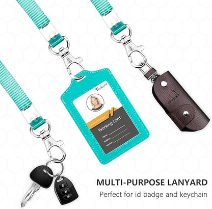 Teskyer 2 Pack of Double Sided Clear Badge Holder with Lanyard, PU Leather ID Badge Name Card Holder with Stainless Steel J-Hook Nylon Lanyard for Work ID, School ID, Metro Card, Access Card, Cyan