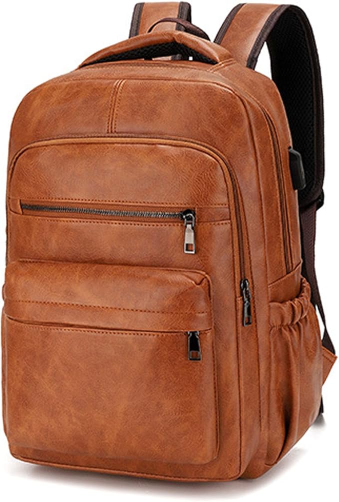 Vintage Leather Backpack for Men 16" Laptop Bag for work Casual Daypack Business Travel Rucksack Waterproof (Deep Khaki)