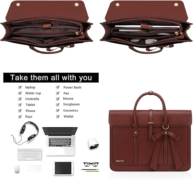 MOSISO Laptop Bag for Women, 13-14 inch PU Leather Laptop Shoulder Bags Convertible Backpack, 13.3 inch Messenger Bags Casual Handbag Work Briefcase Travel Computer Bag with Bowknot, Brown