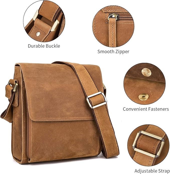 Augus Leather Messenger Crossbody Shoulder Bag for Men Work Business Casual Adjustable straps With YKK Metal Zipper