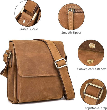 Augus Leather Messenger Crossbody Shoulder Bag for Men Work Business Casual Adjustable straps With YKK Metal Zipper