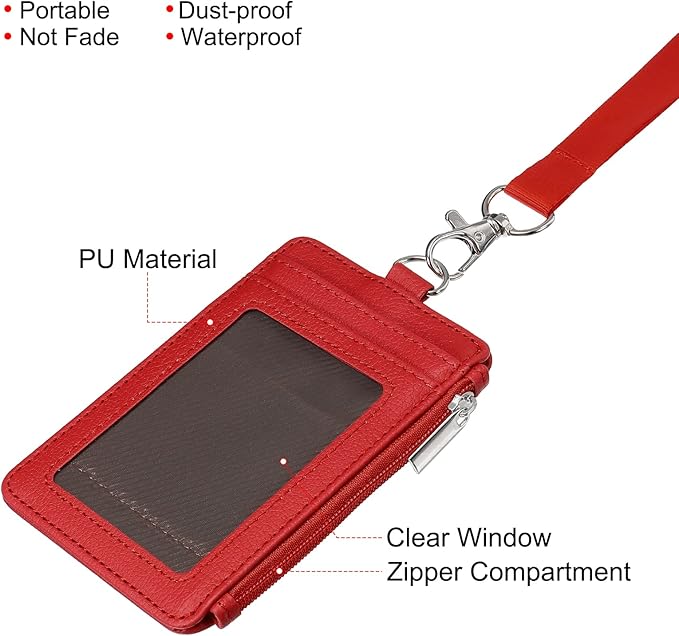 MECCANIXITY ID Badge Holders with Lanyard, Vertical PU Leather 5 Card Slots Zipper Portable Wallet Clear Window for Office, Red