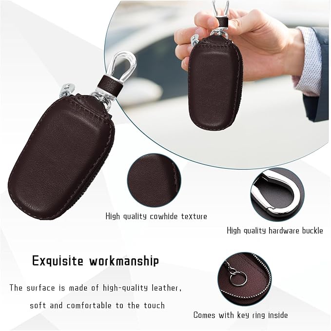 Car Key Case, Genuine Leather Auto Key Fob Cover Case, Key Fob Protector with Metal Hook, Car Smart Keychain Holder (Coffee)