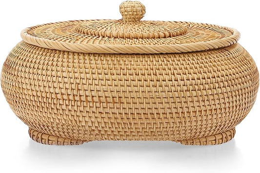 Hipiwe Round Rattan Boxes with Lid, X-Large Woven Bread Basket Natural Rattan Basket Wicker Storage Box Decorative Basket for Coffee Table Farmhouse Picnic Fruit Storage Basket