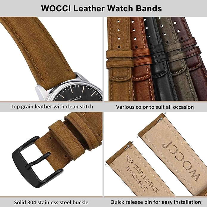 WOCCI Quick Release Watch Band, Distressed Genuine Leather, Stainless Steel Buckle, Strap Width 18mm 19mm 20mm 22mm 24mm