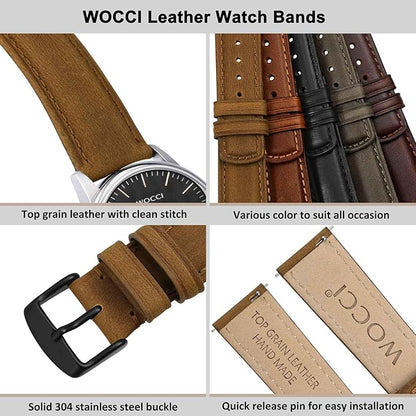 WOCCI Quick Release Watch Band, Distressed Genuine Leather, Stainless Steel Buckle, Strap Width 18mm 19mm 20mm 22mm 24mm