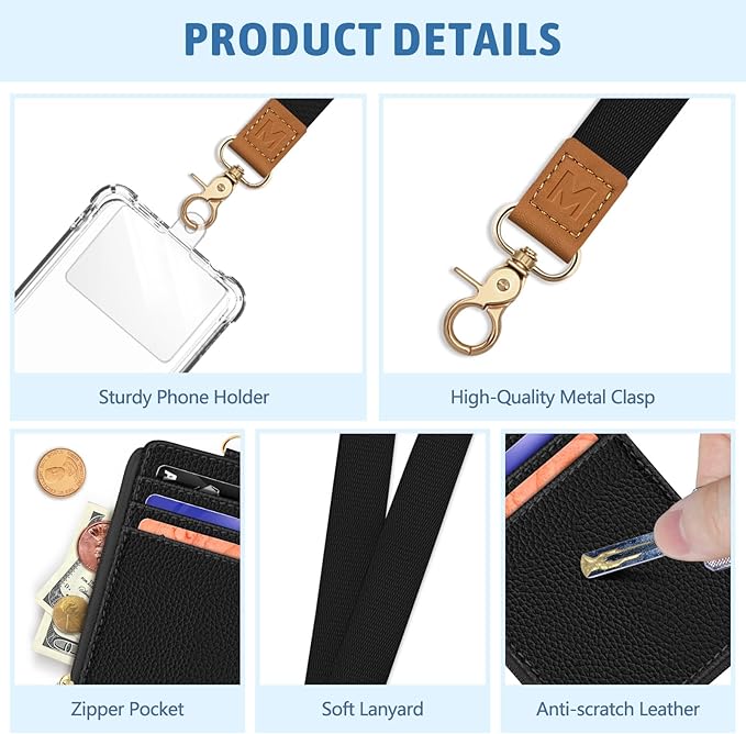 Piefly Black Lanyard Wallet with ID Badge Holder, Business Small RFID Wallet Women Keychain Wristlet, Slim Credit Card Holder with Zipper Pocket Phone Lanyard Wrist Strap Name Tag Office Teacher Gift
