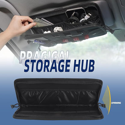 BXBXHD Molle Car Sun Visor Organizer, Car Accessories with Zipper Visor Storage Pouch & Glasses Clip, Molle Panel for Tactical Gears, Fits Most Vehicles, SUVs, Trucks(Black)