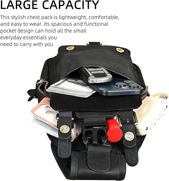 Genuine Leather Hiking Travel DayPack Sling Crossbody Triangle Chest Pack Bag For Men Women 8241 (Dark Black 258204)