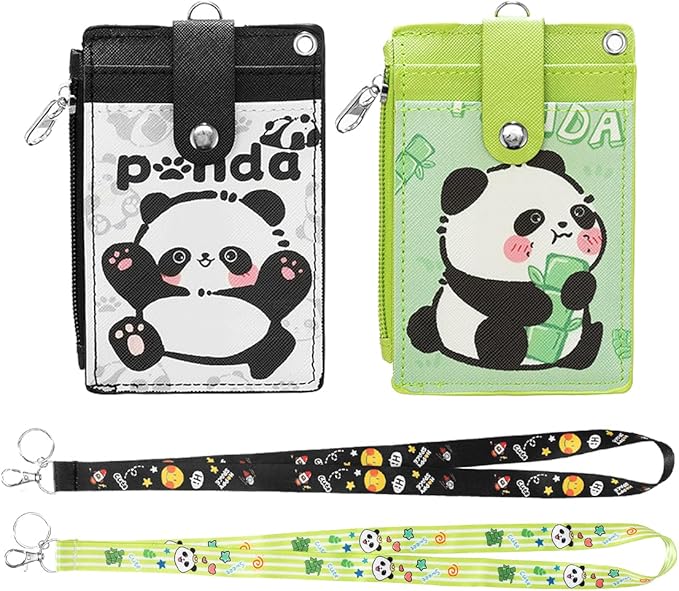 2 Pack Panda ID Badge Holder with Lanyard,Cute Work Badge Wallet with Zipper Pocket,3 Card Slots & Detachable Keychain for Nurse Teacher Student Office Staff