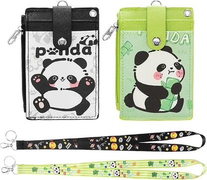 2 Pack Panda ID Badge Holder with Lanyard,Cute Work Badge Wallet with Zipper Pocket,3 Card Slots & Detachable Keychain for Nurse Teacher Student Office Staff
