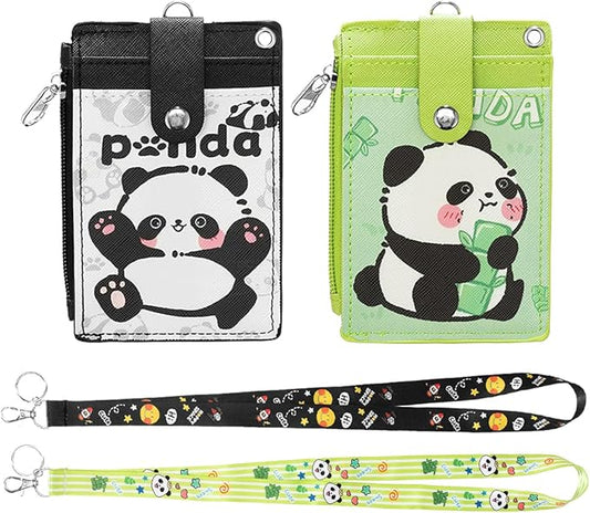 2 Pack Panda ID Badge Holder with Lanyard,Cute Work Badge Wallet with Zipper Pocket,3 Card Slots & Detachable Keychain for Nurse Teacher Student Office Staff