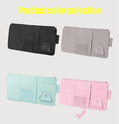 Car Sun Visor Organizer, Multifunctional Leather Sun Visor Organizer Sunglass Holder with Zipper for Car Interior Truck Accessories Men Women (Pink)