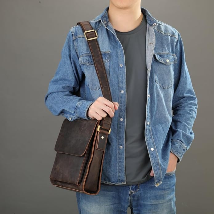 Genuine Leather Messenger Bags Mens Shoulder Crossbody purse Work Business Vintage lager Capacity