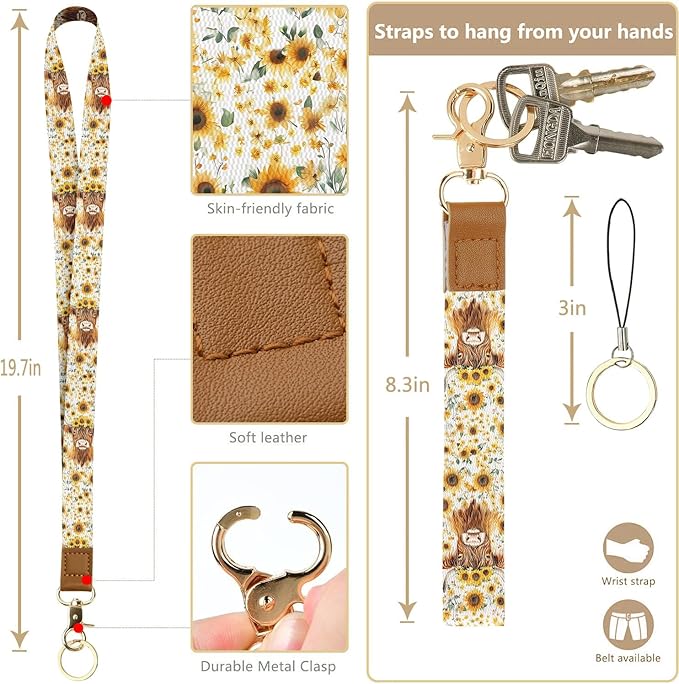 Bolimoss Highland Cow Print Lanyard Wallet - Cute Sunflower ID Badge Holder With Neck & Wristlet, PU Leather Zip Case With Breakaway Keychain