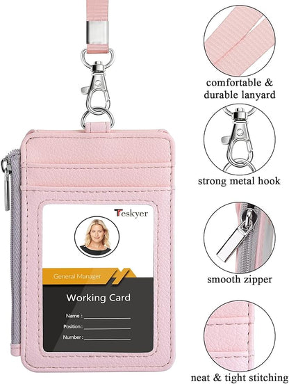 Teskyer Badge Holder with Side Zip Pocket, Multiple Card Slots Leather ID Holder Wallet with Neck Lanyard for Office Staffs, School, Workers, Cruise Cards, Metro Cards, Lichee Light Pink