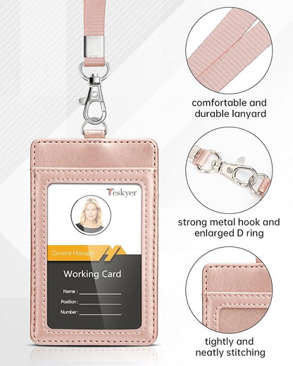 Teskyer Lanyards for ID Badges, Leather ID Badge Holder for Work School IDs, Cruise Ship Cards, Hotel Key Cards, Pass Cards - Rose Gold