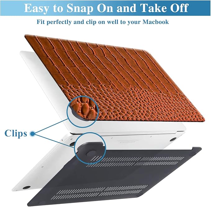 KEROM Compatible for Crocodile MacBook Pro 13 Inch Case 2025-2016 M2 M1 A2338 A2289 A2251 A2159 A1989 A1706 A1708, Textured Aligator Skin Snakeskin PU Leather Hardshell & Keyboard Cover, Brown