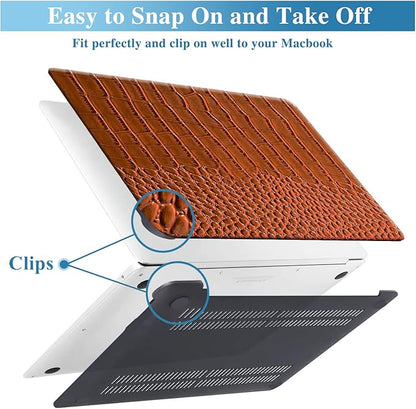 KEROM Compatible for Crocodile MacBook Pro 13 Inch Case 2025-2016 M2 M1 A2338 A2289 A2251 A2159 A1989 A1706 A1708, Textured Aligator Skin Snakeskin PU Leather Hardshell & Keyboard Cover, Brown