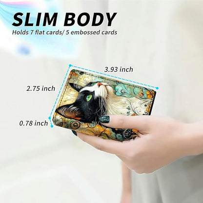 Minimalist Wallet for Men's Card Holders, Pop-Up Card Case Durable Wallets for Women, Leather Automatic Credit Card Holder with Metal Money Clip RFID Blocking Bifold Pocket, Black White Cat