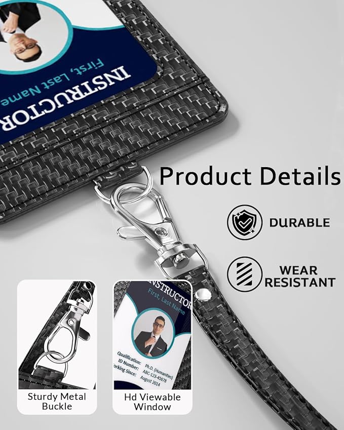 Carbon Fiber Work ID Card Holder with Lanyard is a Stylish and Durable Card Holder with Dual Card Capacity, Clear Display Window and Privacy Back Pocket (Black)