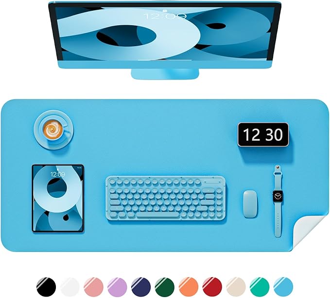 Desk Pad, 23.6" x 13.8" PU Leather Non-Slip Desk Mat Large Mouse Pad for Desktop, Waterproof Laptop Computer Writing Mat for Office, Home, Work, Gaming, Aqua Blue