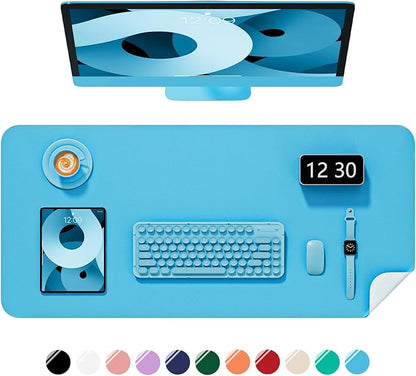 Desk Pad, 35.5" x 17" PU Leather Non-Slip Desk Mat Large Mouse Pad for Desktop, Waterproof Laptop Computer Writing Mat for Office, Home, Work, Gaming, Aqua Blue