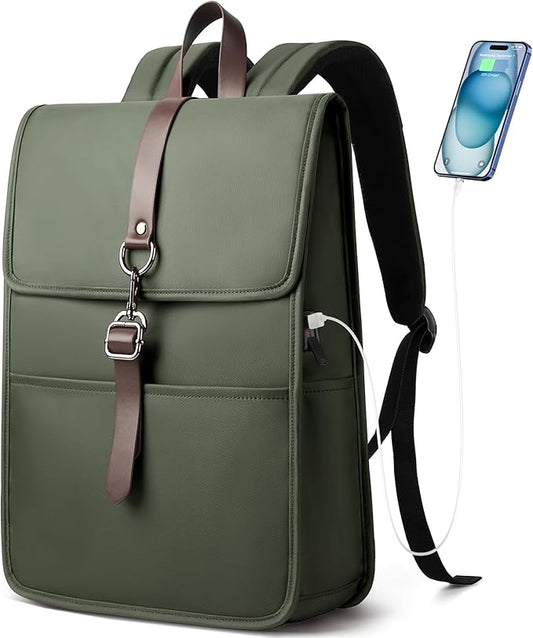 Laptop Backpack for Men Women, Slim Work Travel Backpack with USB Charging Port, Lightweight Computer College Backpack Bag, Vintage Commuter Casual Daypack Fits 15.6 Inch Laptop -Green
