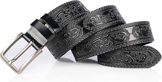 INOGIH Mens Western Floral Engraved Embossed Tooled Genuine Leather Belt - Square Buckle Casual Belt For Daily Decoration