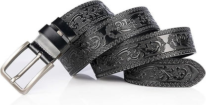 INOGIH Mens Western Floral Engraved Embossed Tooled Genuine Leather Belt - Square Buckle Casual Belt For Daily Decoration