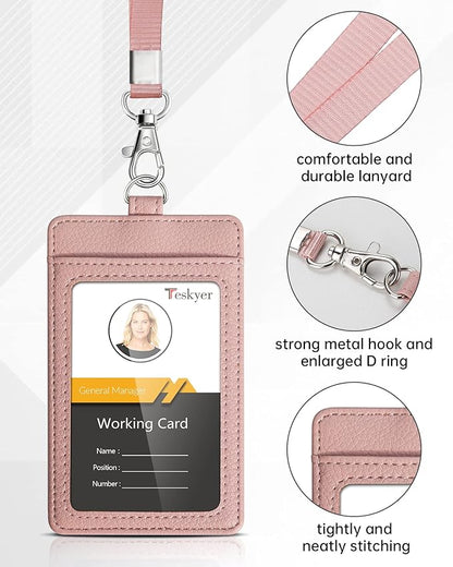 Teskyer Badge Holder with Lanyard, Leather ID Name Badge Card Holder with Lanyard for ID Badges, Vertical, Lychee Pattern Dark Pink