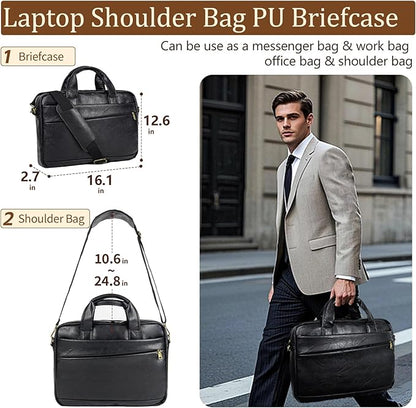 Stuery Faux Leather Messenger Bag for Men 15.6 Inch: Laptop Bag Briefcase Computer Handbags Shoulder Crossbody Bag with Padded Laptop Sleeve for Work College Travel, PU Black
