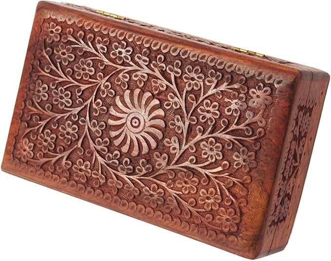 Ajuny Wooden Handcarved Decorative Jewelry Storage Box Flower Design Multipurpose Treasure Chest Keepsake Organizer Necklaces Watch Boxes Great for Gifts 8x5 Inch