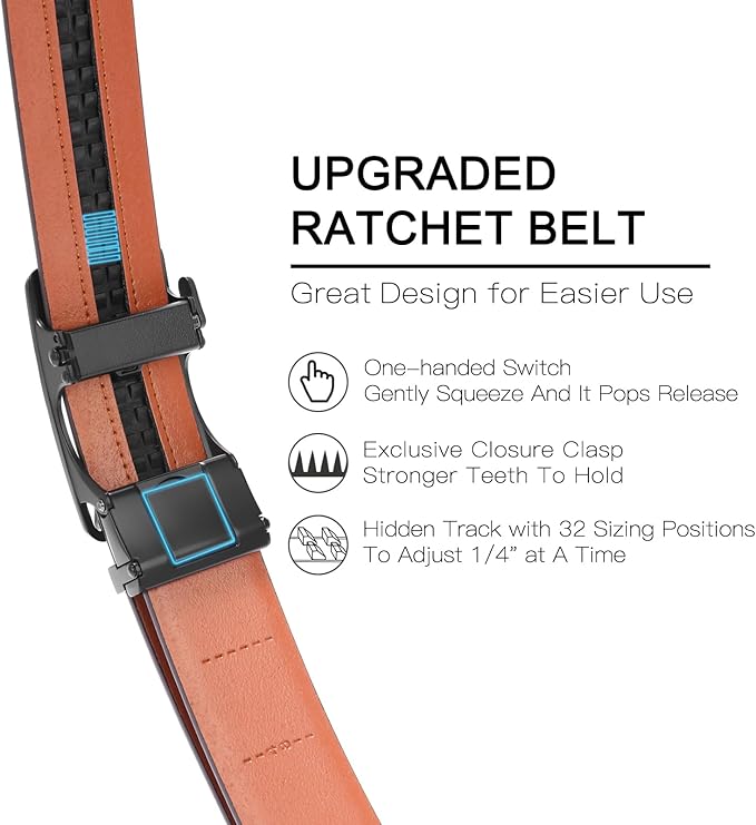 SENDEFN Men's Leather Belt - Automatic Ratchet Slide Buckle, Easy Trim-to-Fit Function, Packaged with Gift Box