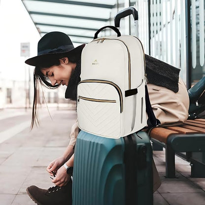 MATEIN Travel Laptop Backpack, Anti Theft Quilted Slim Backpacks for Women with Detachable Keychain Hook, Teacher Doctor Nurse Carry on Bags Purse Fits 15.6 Inch Notebook, White