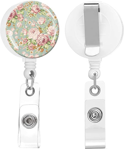 2 Pack Badge Reels Holder Retractable with ID Clip for Nurse Name Tag Card Nursing for Doctor Teacher Student Employee Office Medical Work (Cute Green Flower)