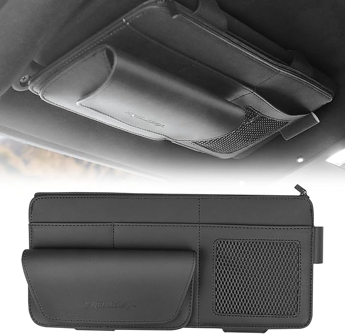 Trumgeta Car Sun Visor Organizer Premium Leather Storage Bag with Magnetic Sunglass Pocket, Extra-Large Zippered Compartment & Anti-Slip Mesh Pocket Sun Visor Organizer for Trucks, SUVs & Cars