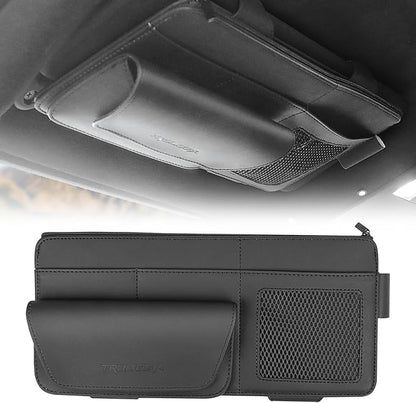 Trumgeta Car Sun Visor Organizer Premium Leather Storage Bag with Magnetic Sunglass Pocket, Extra-Large Zippered Compartment & Anti-Slip Mesh Pocket Sun Visor Organizer for Trucks, SUVs & Cars