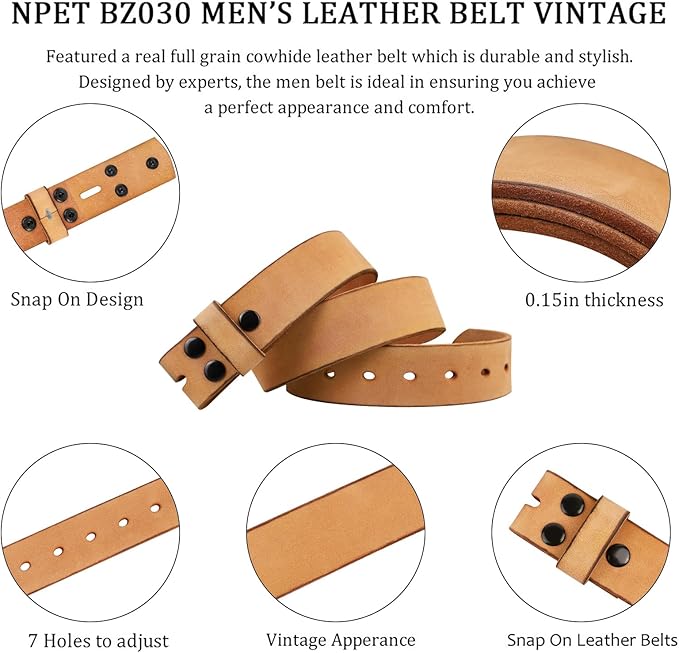 NPET Men's Full Grain Leather Belt Vintage Distressed Style with Snap-On Strap 1 1/2" Wide without Buckle