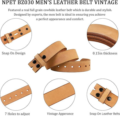 NPET Men's Full Grain Leather Belt Vintage Distressed Style with Snap-On Strap 1 1/2" Wide without Buckle