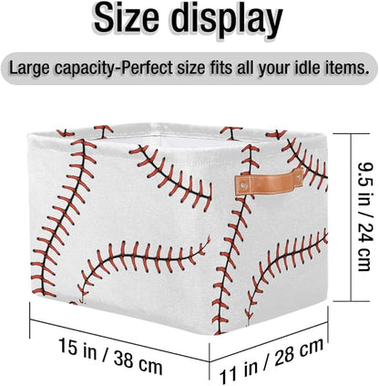 AUUXVA Baseball Stitches Laces Softball Storage Basket - Large Fabric Bin With Handles for Toys, Collapsible Closet Shelf Cloth Organizer for Nursery Bedroom, 2 PCS