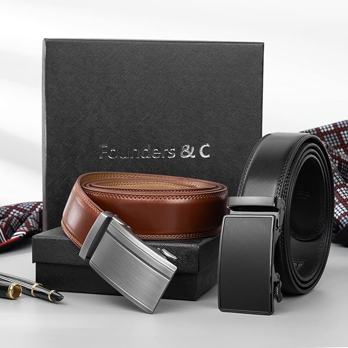 Founders & C Mens Belt 2 Pack,Leather Ratchet Click Belt Dress with Slide Buckle 1 3/8" in Gift Set Box- Size Adjustable