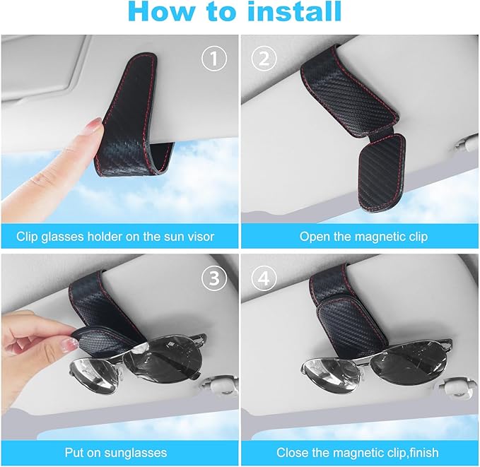 TCJJ Sunglasses Holders for Car Visor,Car Magnetic Glasses Holder Leather Sunglasses Clip and Ticket Card Clip Suitable for Car Interior Visor and Different Size Eyeglasses(Carbon Fibre)