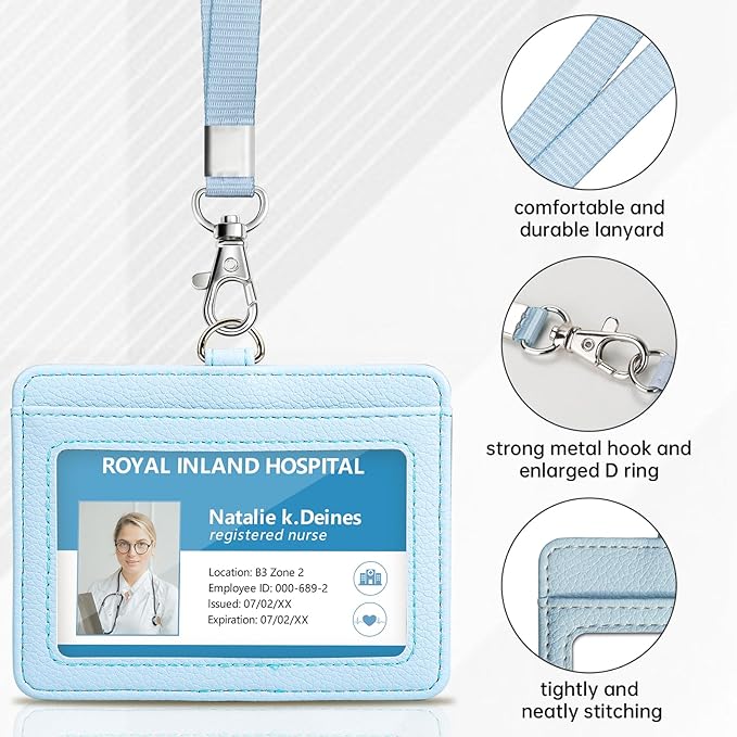 Teskyer Badge Holder with Lanyard, Leather ID Name Badge Card Holder with Lanyard for ID Badges, Horizontal, Lychee Pattern Cyan
