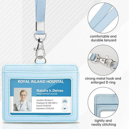 Teskyer Badge Holder with Lanyard, Leather ID Name Badge Card Holder with Lanyard for ID Badges, Horizontal, Lychee Pattern Cyan