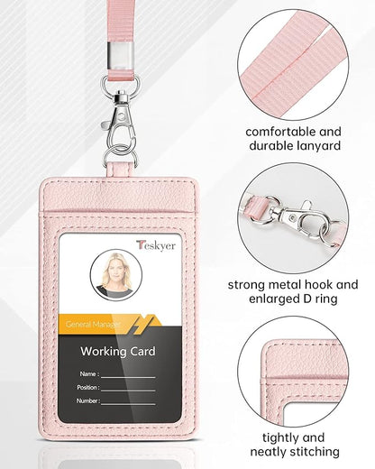 Teskyer Badge Holder with Lanyard, Leather ID Name Badge Card Holder with Lanyard for ID Badges, Vertical, Lychee Pattern Light Pink