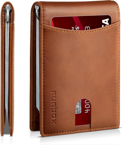 RUNBOX Slim Wallet for Men Genuine Leather RFID Blocking Bifold Minimalist Front Pocket Mens Wallet with Money Clip Thin Gift Box